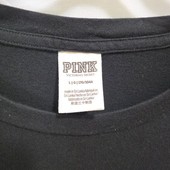 Victorias Secret Pink Black T Shirt White Dog Logo Pocket Womens L Short Sleeve - Picture 9 of 10